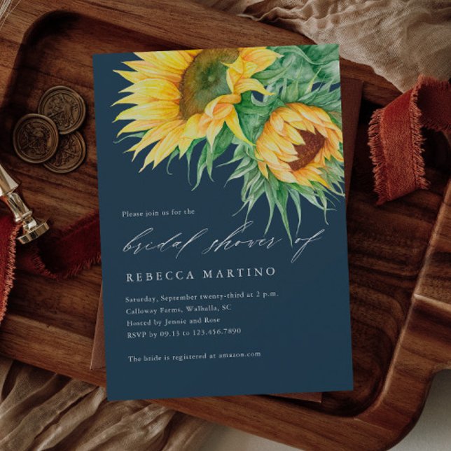 Convites Chuva de Noiva com Girassóis Rústicos e Letra em A (A rustic sunflower wedding invitation with hand painted florals. Great for a fall wedding.)