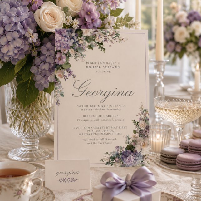 Convites Chuva de Noiva com Hidrângea Lavanda e Monograma e (Criador carregado)