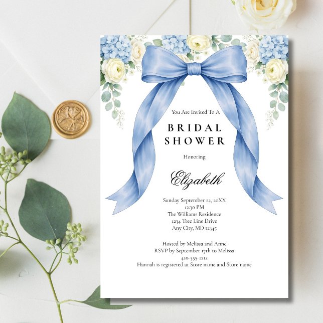 Convites Chuva de Noiva com Laço Azul e Florais em Aquarela (Something Blue Bow, Watercolor Blue White Florals Bridal Shower invitation. Printed or Digital)