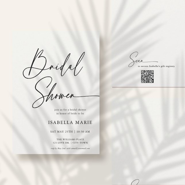 Convites Chuva de Noiva com Letra Moderna Mínima Manuscrita (Front and back of flat 5x7 bridal shower invitation. Choose size, corner + paper style.)