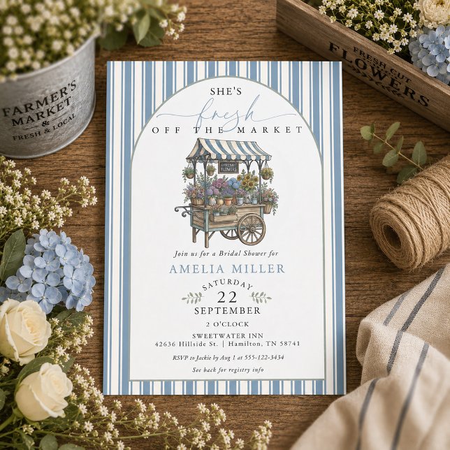 Convites Chuva de Noiva com Listras Azuis Fresca do Mercado (Blue Striped Fresh Off The Market Bridal Shower Invitation)