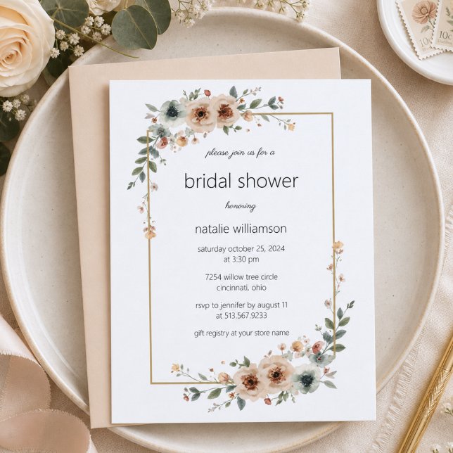 Convites Chuva de Noiva com Moldura de Flor Neutra (Criador carregado)