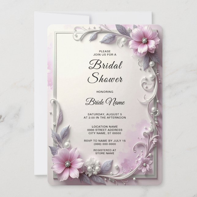 Convites Chuva de Noiva com Moldura Floral Rosa (Frente)