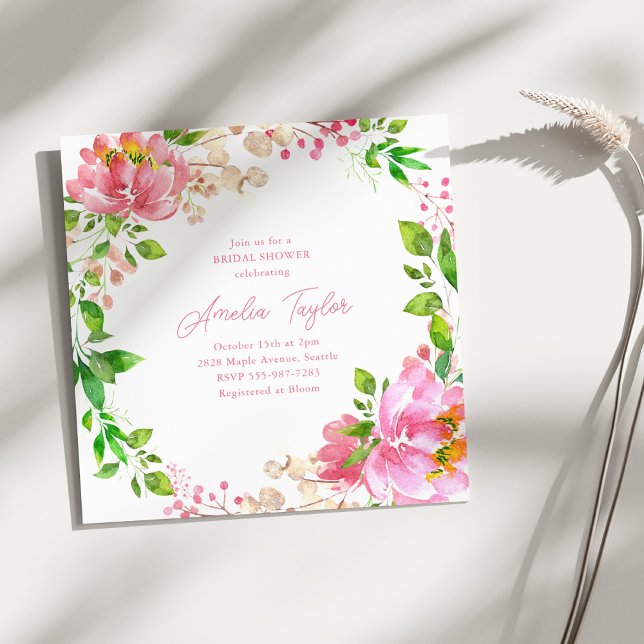 Convites Chuva de Noiva com Peônia em Aquarela Rosa (Criador carregado)