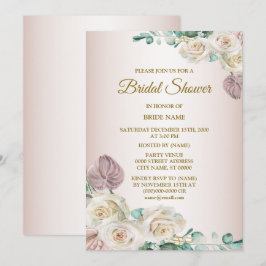 Convites Chuva de Noiva com Rosas Brancas e Rosa e Aquarela