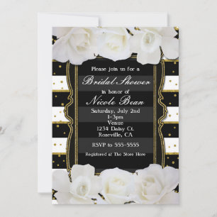 Convites Chuva de Noiva com Rosas Brancas, Listras Pretas e