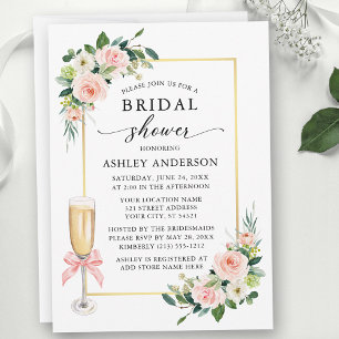 Convites Chuva de Noiva com Rosas em Aquarela e Laço Rosa