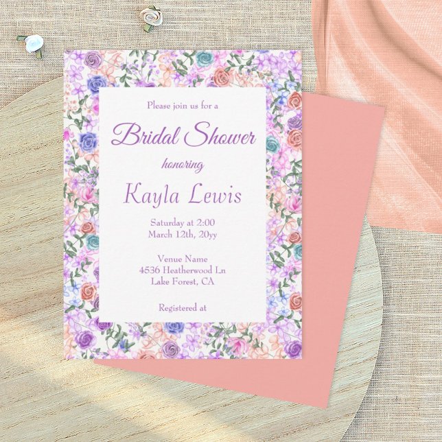 Convites Chuva de Noiva com Rosas Roxas, Pêssego e Azul Cla (purple wedding bridal shower invitation with lilac and peach rose border)