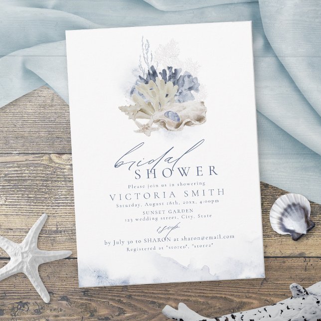 Convites Chuva de noiva com tema de praia coral azul e conc (Blue coral & seashells beach themed Bridal Shower Invitation)