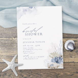 Convites Chuva de noiva com tema de praia coral azul e conc