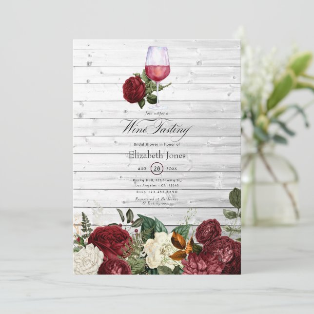 Convites Chuva de Noiva com tema de Vinho Floral Vermelho B (Em pé/Frente)