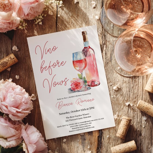 Convites Chuva de Noiva com Vinho Rosé Moderno Vino Antes d (Modern Rosé Wine Vino Before Vows Bridal Shower Invitation)