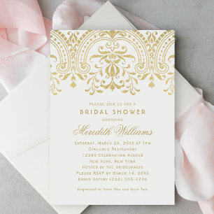 Convites Chuva de Noiva Damasko Elegante com Brilho Dourado