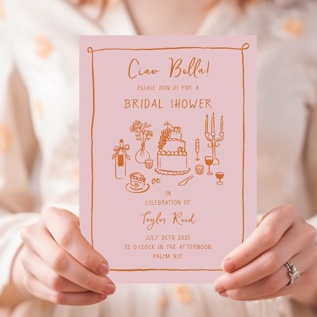 Convites Chuva de Noiva de Comida Desenhada à Mão em Rosa (Ciao Bella pink and orange bridal shower invitation with hand-drawn food and drink doodles)
