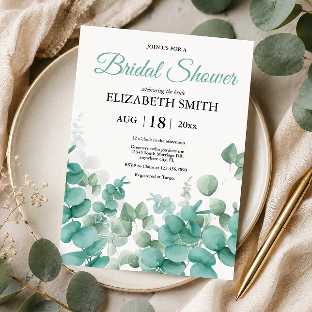 Convites Chuva de Noiva de Eucalipto em Aquarela Moderna e  (Elegant Modern Watercolor Eucalyptus Bridal Shower Invitation, Bride to Be)