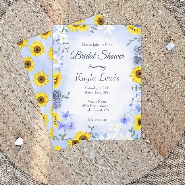 Convites Chuva de Noiva de Girassol e Rosa Azul Empoeirada (sunflowers dusty blue wedding bridal shower party invitations, yellow and light blue theme)
