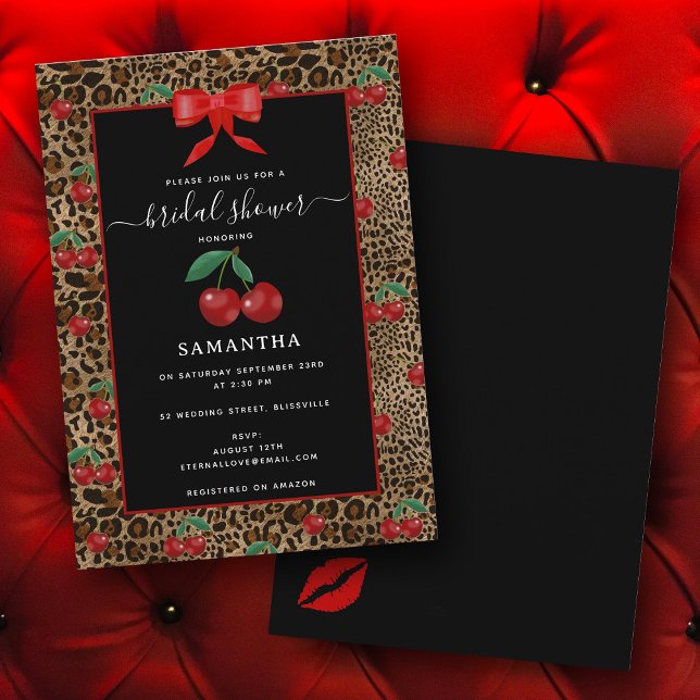Convites Chuva de Noiva de Impressão Animal Leopardo Guepar (Leopard Cheetah Animal Print Cherry Bridal Shower Invitation)