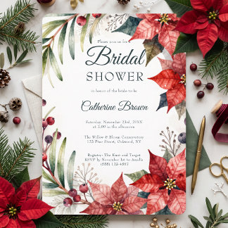 Convites Chuva de Noiva de Inverno com Poinsettia em Aquare