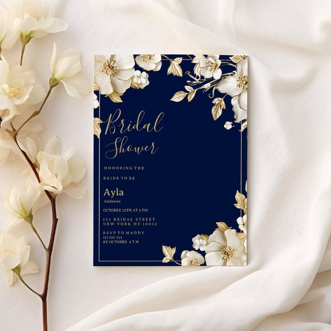 Convites Chuva de Noiva de luxo em branco e dourado com azu (Luxury white gold floral navy blue Bridal Shower)