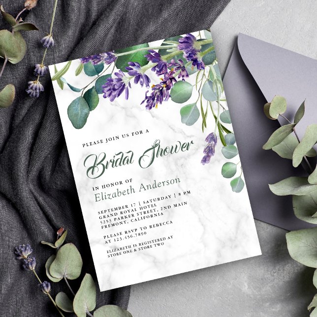 Convites Chuva de Noiva de Mármore Branco com Lavanda e Euc (Criador carregado)