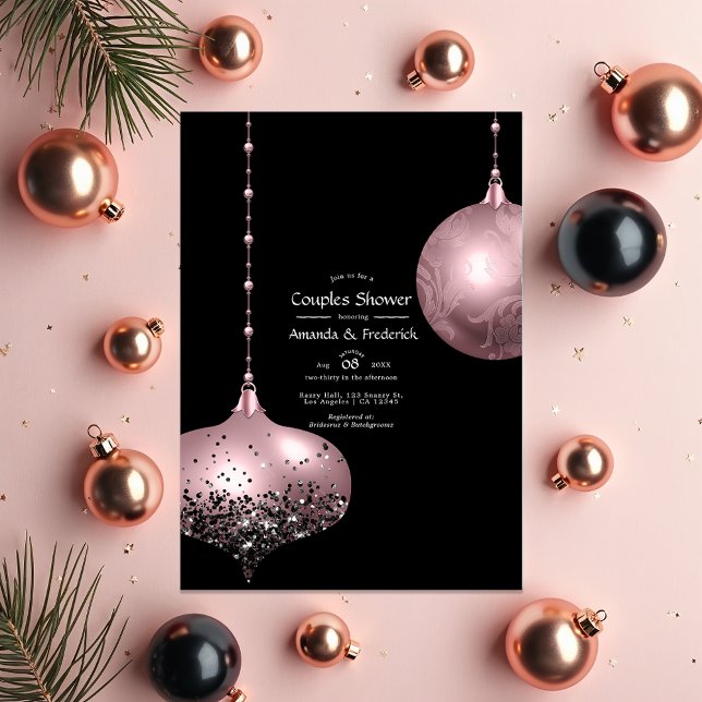 Convites Chuva de Noiva de Natal Casais Rosa e Dourado Rose (Blush Pink and Rose Gold Christmas Couples Shower Invitation)