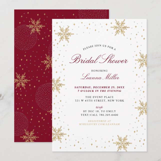 Convites Chuva de Noiva de Natal de Inverno Dourado e Verme (Frente/Verso)