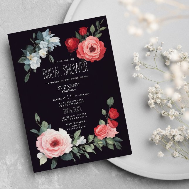 Convites Chuva de Noiva de rosas pretas vermelhas rosadas e (Elegant black red pink blue roses Bridal Shower)