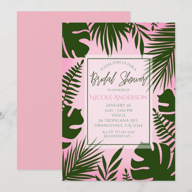 Convites Chuva de Noiva de Verão Folhas Tropicais Rosa (Frente/Verso)