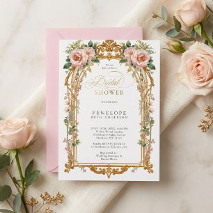 Convites Chuva de Noiva Dourada Floral Peônia Blush