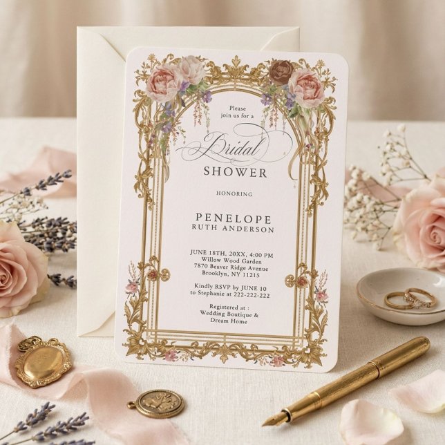 Convites Chuva de Noiva Dourada Floral Peônia Corada (Criador carregado)