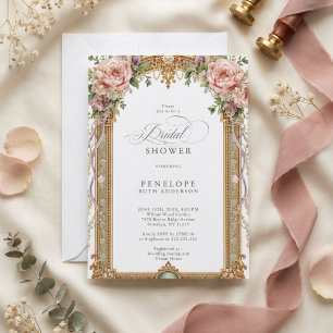 Convites Chuva de Noiva Dourada Floral Peônia Corada