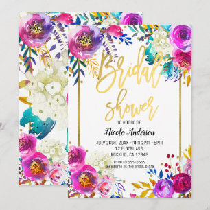 Convites Chuva de Noiva Dourada Script Negrito Floral Aquar