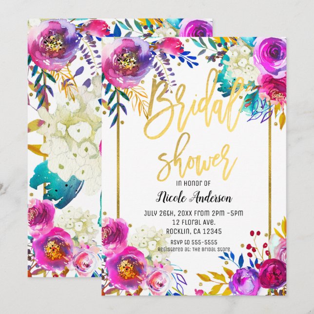 Convites Chuva de Noiva Dourada Script Negrito Floral Aquar (Frente/Verso)