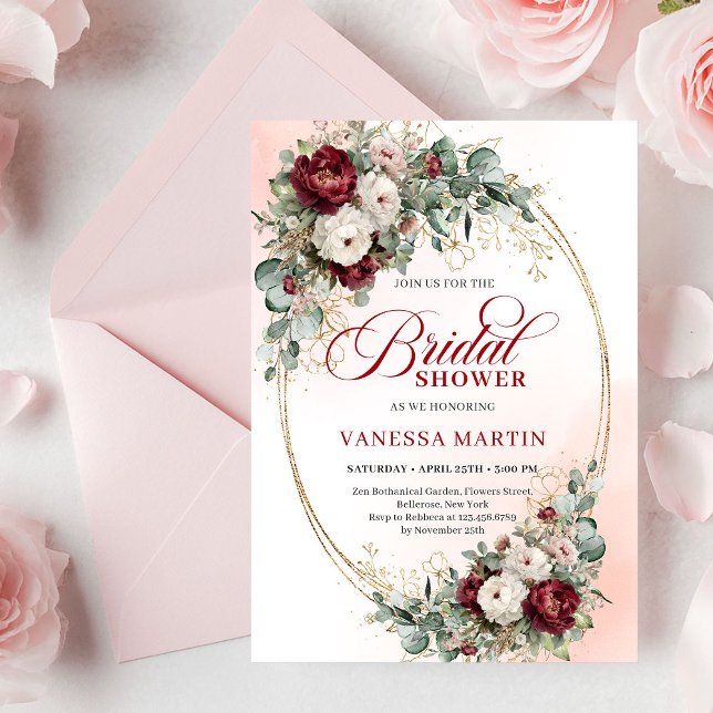 Convites Chuva de Noiva Dourada Verde Boêmia Borgonha (Bohemian Burgundy Gold Greenery Bridal Shower Invite)