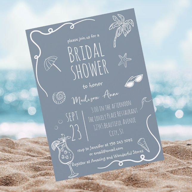 Convites Chuva de Noiva Dusty Blue Beach Doodles (Criador carregado)