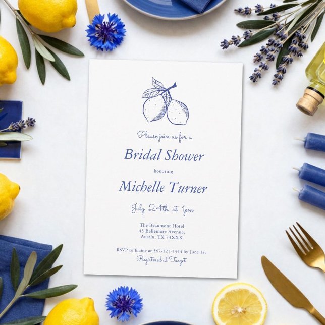 Convites Chuva de Noiva Elegante Azul Centáurea Limão (Blue Lemon Bridal Shower Invitation | Summer Bridal Shower Invitation | Blue and White Bridal Shower)