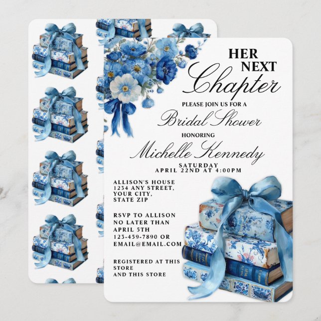 Convites Chuva de Noiva Elegante Azul Seu Próximo Capítulo  (Frente/Verso)