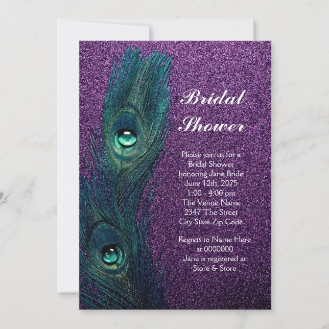Convites Chuva de Noiva Elegante Azul Turquesa Roxo Pavão (Frente)