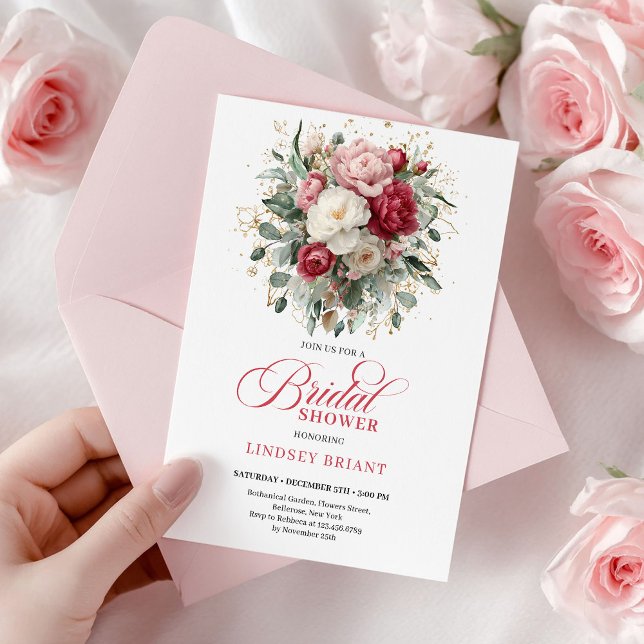 Convites Chuva de Noiva Elegante Boho Vermelho Blush Dourad (Elegant Boho Red Blush Gold Floral Bridal Shower)