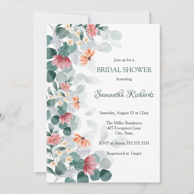 Convites Chuva de noiva elegante com greenery em aquarela (Frente)