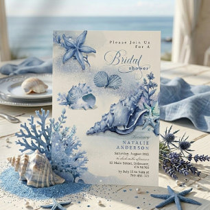Convites Chuva de Noiva Elegante Concha Oceano Azul Costeir