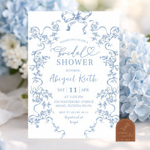 Convites Chuva de Noiva Elegante em Azul com Floral Toile F