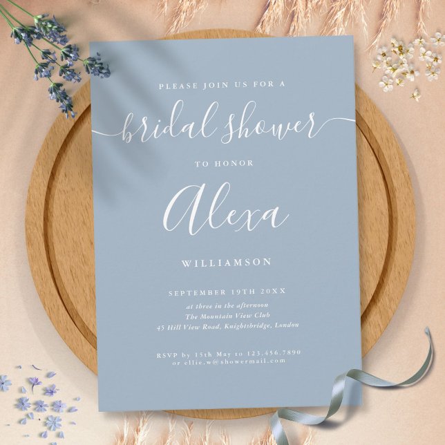 Convites Chuva de Noiva Elegante em Azul Poeira com Assinat (Elegant Dusty Blue Signature Bridal Shower Invitation)