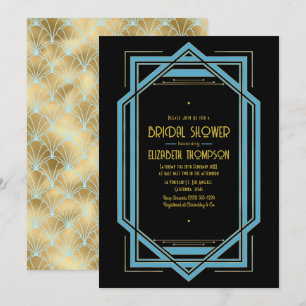 Convites Chuva de Noiva Elegante Gatsby Art Déco Azul e Dou