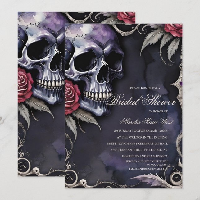 Convites Chuva de Noiva Elegante Gótico Crânio & Rosas Verm (Frente/Verso)