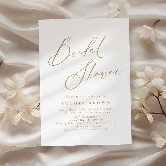 Convites Chuva de noiva elegante moderna em roteiro minimal (Gold elegant modern script minimal bridal shower invitation)