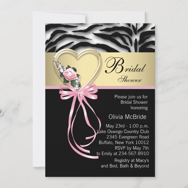 Convites Chuva de Noiva Elegante Zebra Rosa (Frente)