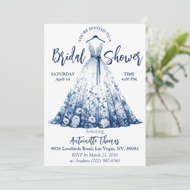 Convites Chuva de Noiva em Azul Delft/Floral Chinesa Branco (Em pé/Frente)