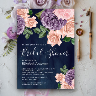 Convites Chuva de Noiva em Azul Marinho com Floral Roxo Pês