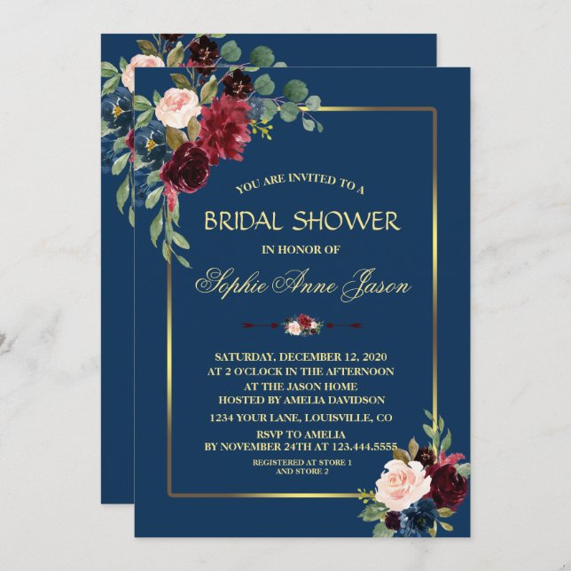 Convites Chuva de Noiva em Azul Marinho e Dourado com Flore (Frente/Verso)